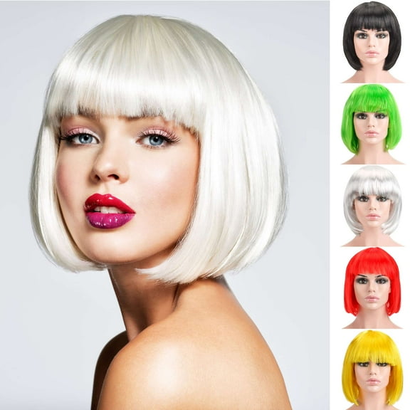 Gustave Short Straight Bob Wig with Bangs, 12 Inch Costume Cosplay Wigs Synthetic Hair Replacement Wigs for Women Men for Halloween Party Anime Cosplay Daily, White