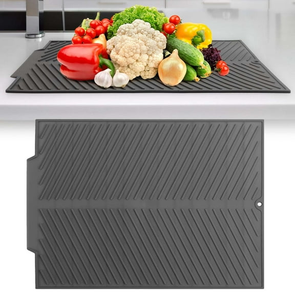 Gustave Silicone Dish Drying Mat for Kitchen Counter Large Dish Drying Pad Non-Slip Heat Resistant Dishes Drainer Rack Mat, Easy Clean, 17x13", Gray