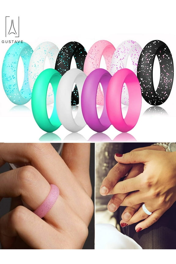 Silicone Rings 10 Pack Wedding Bands for Women Thin and Stackable Durable Glitters Rings for Love, Couple, Souvenir Bands "Size 8"