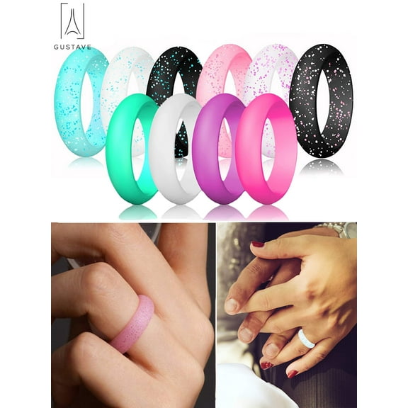 Gustave Silicone Rings 10 Pack Wedding Bands for Women Thin and Stackable Durable Glitters Rings for Love, Couple, Souvenir Bands "Size 9"