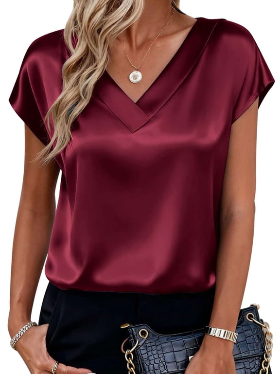 Silk Satin Blouses for Women V Neck Cap Short Sleeve Tops Summer Dressy Work Shirts for Business Casual Office (Red, M)