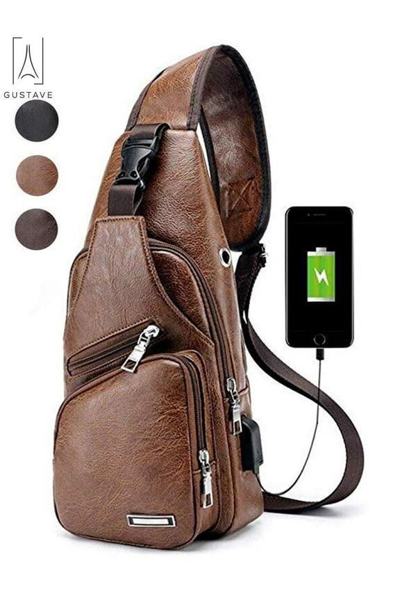 Sling Bag for Men Chest Shoulder Backpack Waterproof Leather Crossbody Bag with USB Charging Outdoor Hiking Travel "Light Brown"