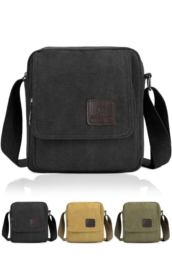 Small Canvas Crossbody Bag for Men Women Vintage Shoulder Messenger Bag Multi Pockets Casual Travel Satchel Purse "Black"