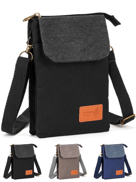 Small Crossbody Bag Travel Purse for Women Men Vintage Canvas Messenger Shoulder Bag Lightweight Cell Phone Pouch Wallet "Black"