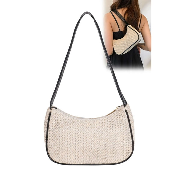 Gustave Small Straw Bag for Women Woven Underarm Bag Bohemian Summer Beach Bag Trendy Shoulder Handbag Purse with Zipper, Black