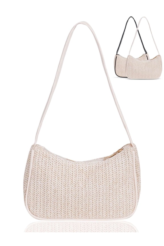 Small Straw Bag for Women Woven Underarm Bag Bohemian Summer Beach Bag Trendy Shoulder Handbag Purse with Zipper, White