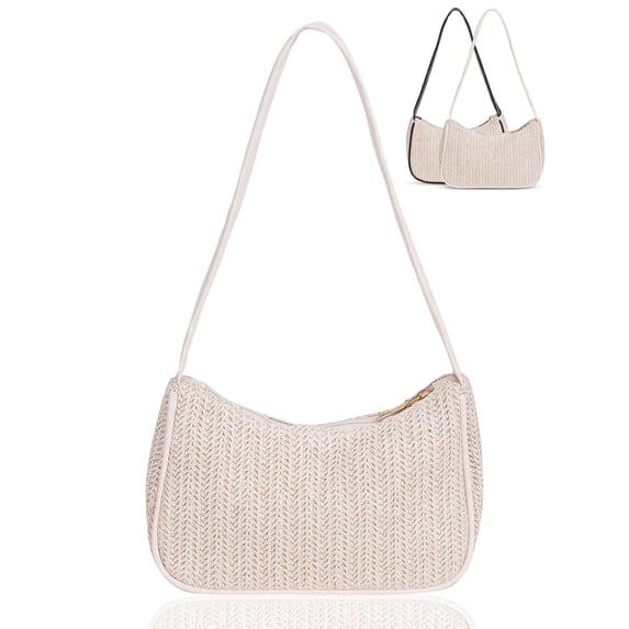 Gustave Small Straw Bag for Women Woven Underarm Bag Bohemian Summer Beach Bag Trendy Shoulder Handbag Purse with Zipper, White