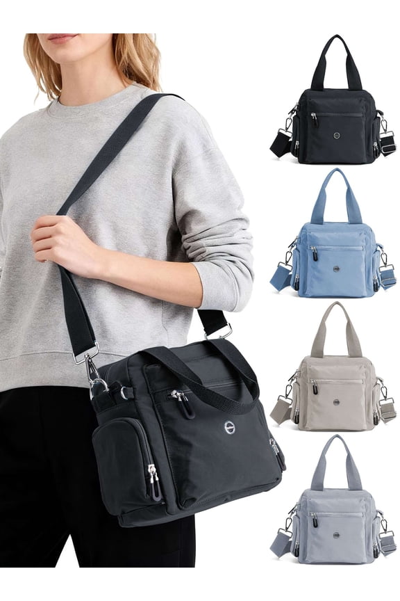 Small Tote Crossbody Bags for Women Nylon Multi-Pocket Shoulder Handbag Top Handle Satchels Purse Lightweight Messenger Bags with Zipper for Travel Work, Black