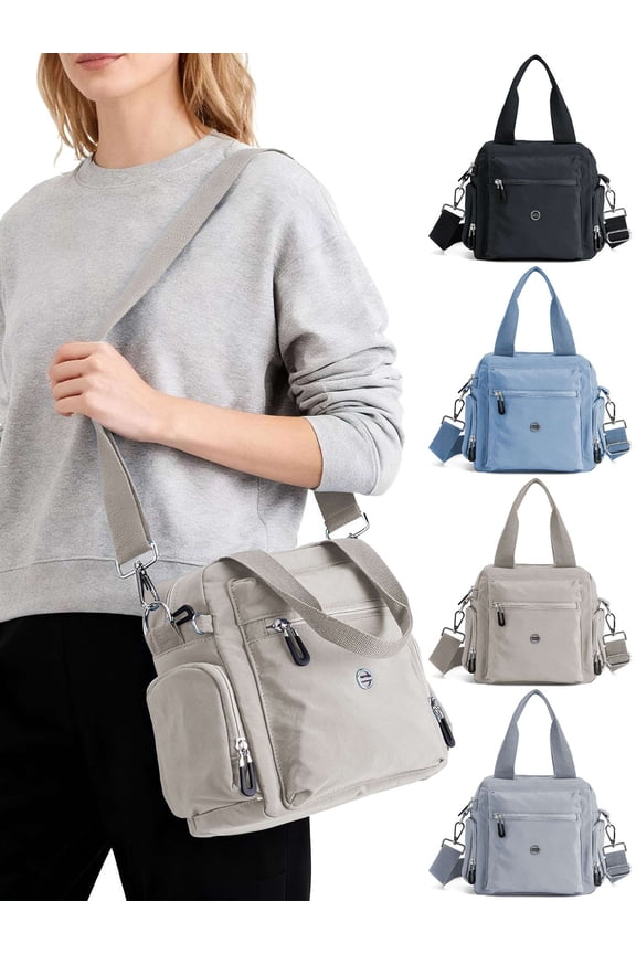 Small Tote Crossbody Bags for Women Nylon Multi-Pocket Shoulder Handbag Top Handle Satchels Purse Lightweight Messenger Bags with Zipper for Travel Work, Khaki