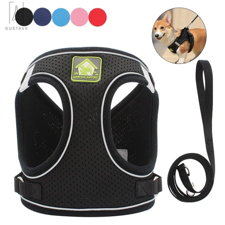 Gustave Soft Mesh Pet Dog Harness and Leash Set, No-Pull Pet Harness Adjustable Reflective Breathable Mesh for Small Medium Dogs and Cats (Black, Size L)
