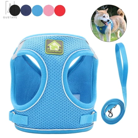 Gustave Soft Mesh Pet Dog Harness and Leash Set, No-Pull Pet Harness Adjustable Reflective Breathable Mesh for Small Medium Dogs and Cats (Blue, Size L)