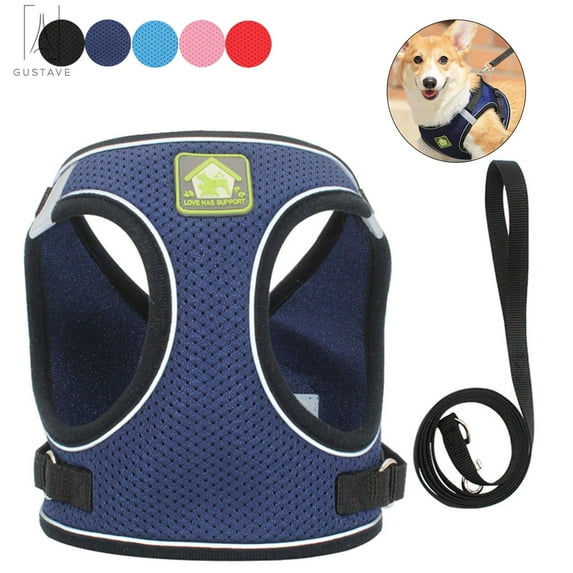 Gustave Soft Mesh Pet Dog Harness and Leash Set, No-Pull Pet Harness Adjustable Reflective Breathable Mesh for Small Medium Dogs and Cats (Navy Blue, Size L)