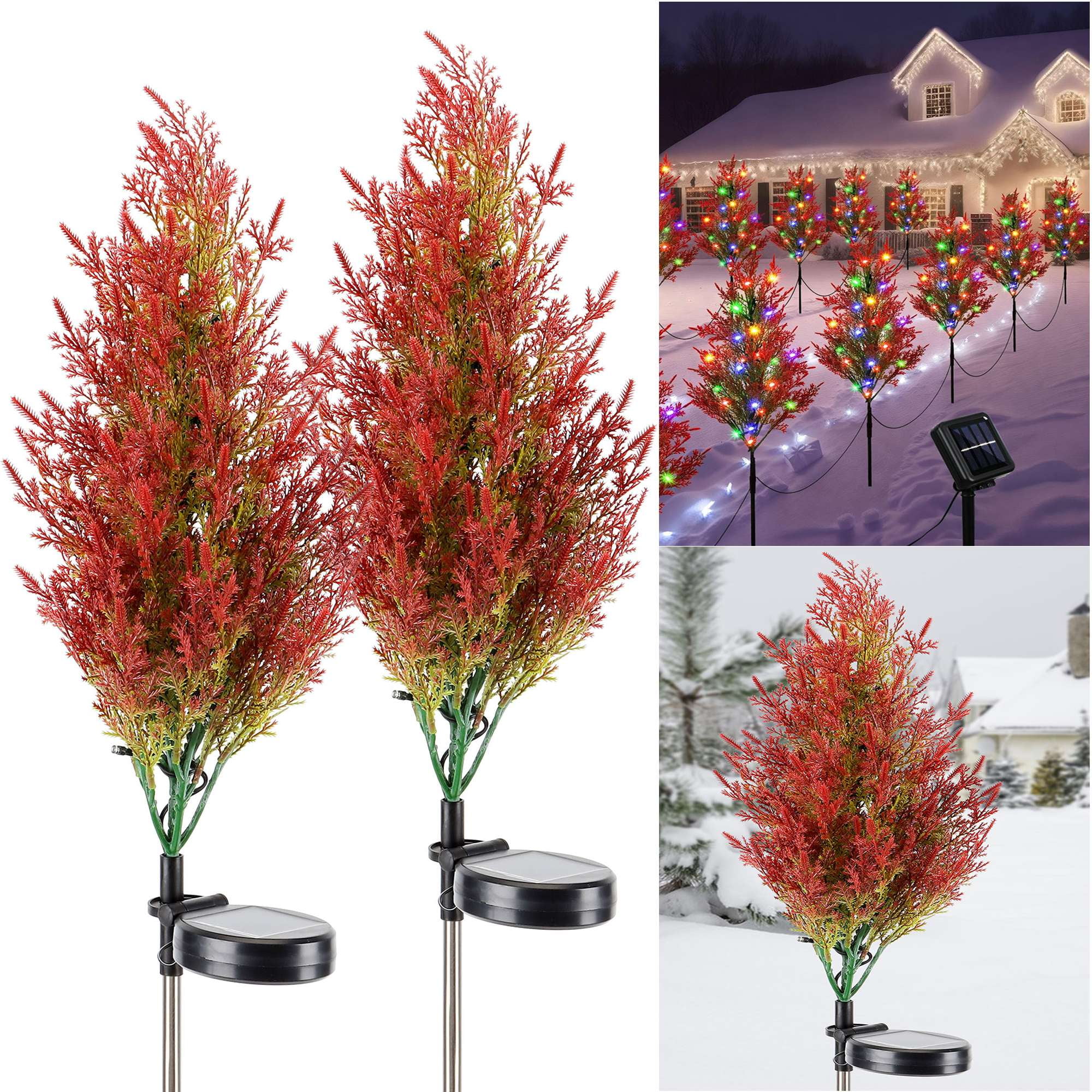 Gustave Solar Christmas Tree Stake Lights Outdoor Decorations 2 Pack Prelit Xmas Tree with Multicolor LED Lights Waterproof Pathway Lights for Garden Yard Patio Holiday Decor, 31.5"