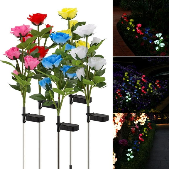 Gustave Solar LED Garden Lights with 5 Rose Flowers, Waterproof Outdoor Decorative Stake Lights for Patio Pathway Yard Lawn (Pink)