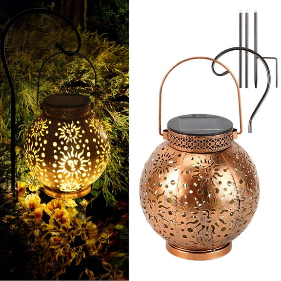 Gustave Solar Lantern Lights Outdoor Waterproof Hanging Lanterns Retro Metal Sun LED Decorative Lights with Shepherd Hook for Garden Tabletop Landscape Patio Yard