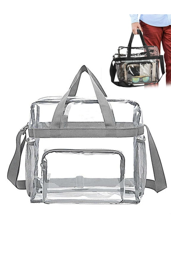 Stadium Approved Clear Handbag Transparent Tote Crossbody Bag for Women Men, See Through PVC Large Capacity Zipper Shoulder Bag for Festival Concert Sports Event "Gray"
