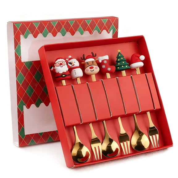 Gustave Stainless Steel Christmas Spoons Forks Cutlery Set of 6, Gold Tea Coffee Stirring Dessert Spoons Fruit Forks Xmas Dinner Flatware Holiday Party Supply Creative Gifts