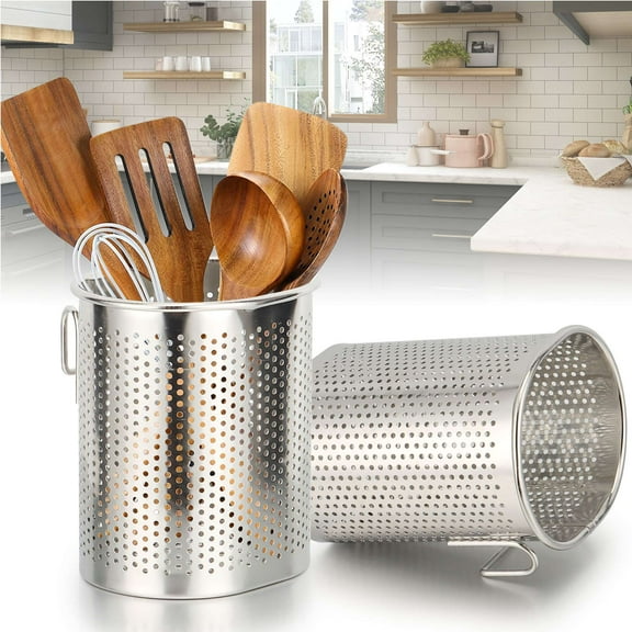 Gustave Stainless Steel Kitchen Utensil Holder Cooking Utensil Drying Cylinder Cutlery Holder Countertop Flatware Silverware Organizer with Drain Holes & Hook (3.3" x2.8" x 3.9")