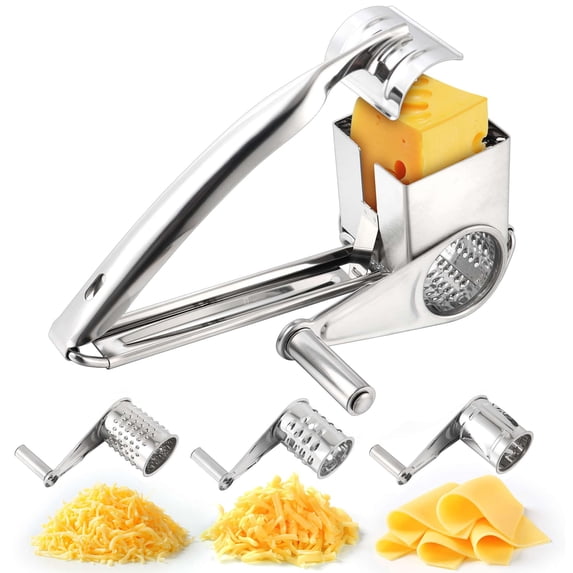 Gustave Stainless Steel Rotary Cheese Grater Manual Handheld Cheese Slicer Shredder Chocolate Cutter Kitchen Tool with 3 Stainless Drum Blades