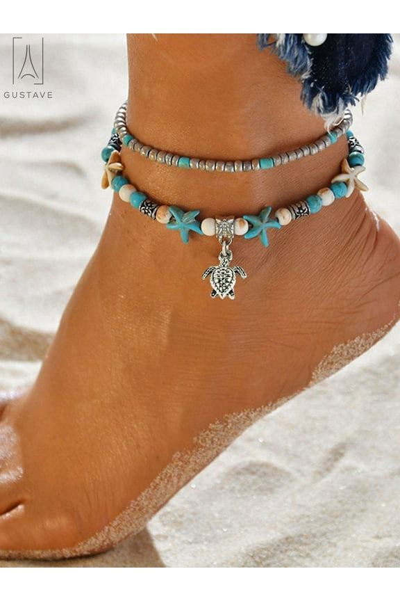 Starfish & Sea Turtle Ankle Bracelet for Women, Boho Double Layer Anklet Fashion Barefoot Sandal Beach Foot Chain Jewelry Gifts
