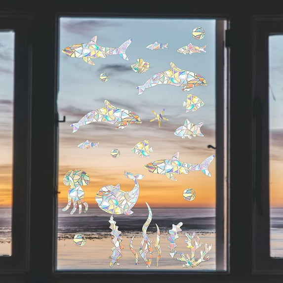 Gustave Static Window Clings 48 Pieces Anti-Collision Reminder Window Decals Vinyl Prismatic Glass Door Window Stickers Decor to Prevent Bird Strikes, Marine Animal
