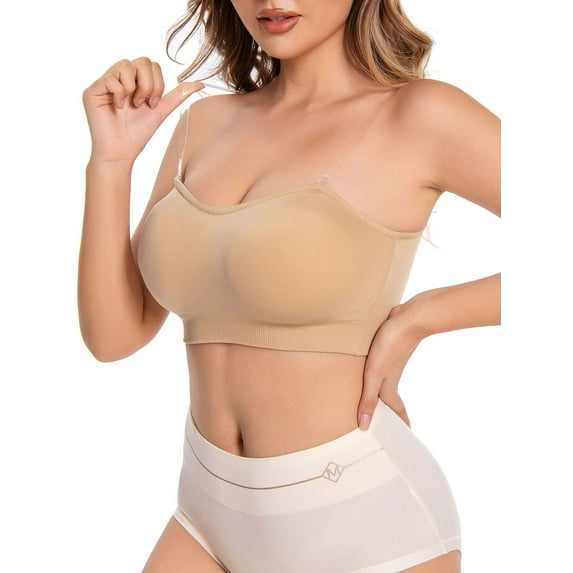 Gustave Strapless Bandeau Bra for Women Non-Slip Seamless Padded Bralette Wireless Tube Top Bras with Removable Pads Clear Straps, Skin, 2XL