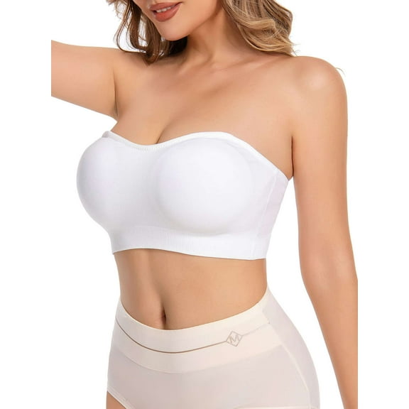 Gustave Strapless Bandeau Bra for Women Non-Slip Seamless Padded Bralette Wireless Tube Top Bras with Removable Pads Clear Straps, White, XL
