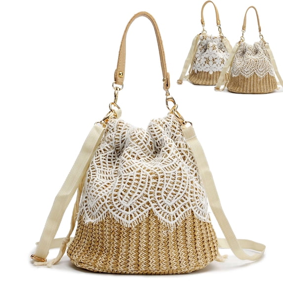 Gustave Straw Beach Bag Crossbody Handbag for Women Summer Boho Lace Woven Tote Purse Top Handle Bucket Shoulder Bag Satchel with Drawstring