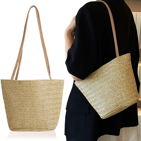 Gustave Straw Beach Tote Bag for Women Woven Bucket Purse Handbag Shoulder Bags for Summer Travel Vacation - Khaki