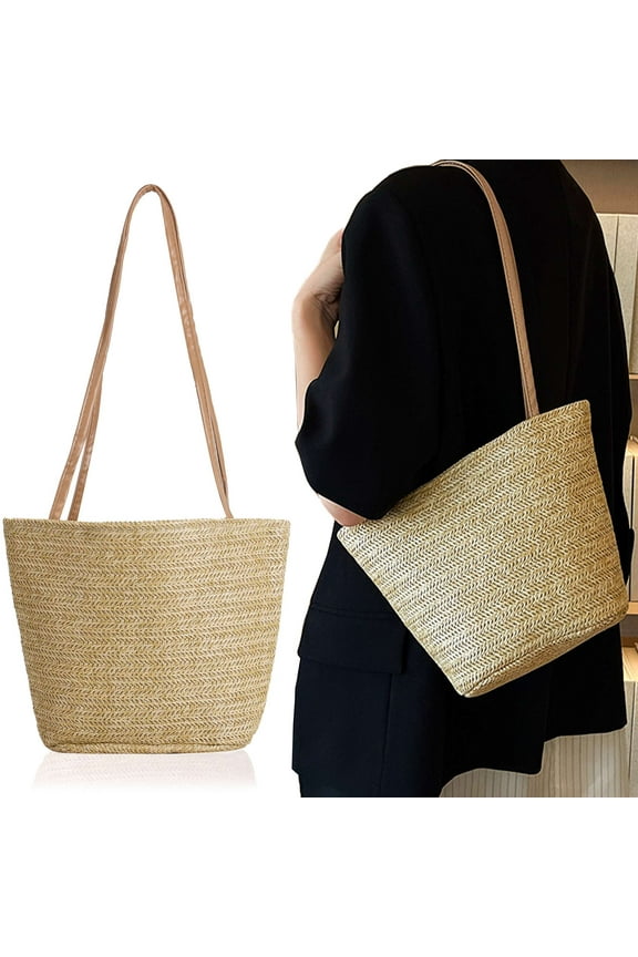 Straw Beach Tote Bag for Women Woven Bucket Purse Handbag Shoulder Bags for Summer Travel Vacation - Khaki