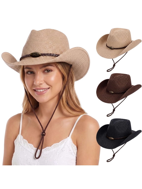 Straw Cowboy Hat for Women Men Western Cowgirl Sun Hat Wide Brim Summer Beach Hat with Windproof Chin Strap - Beige