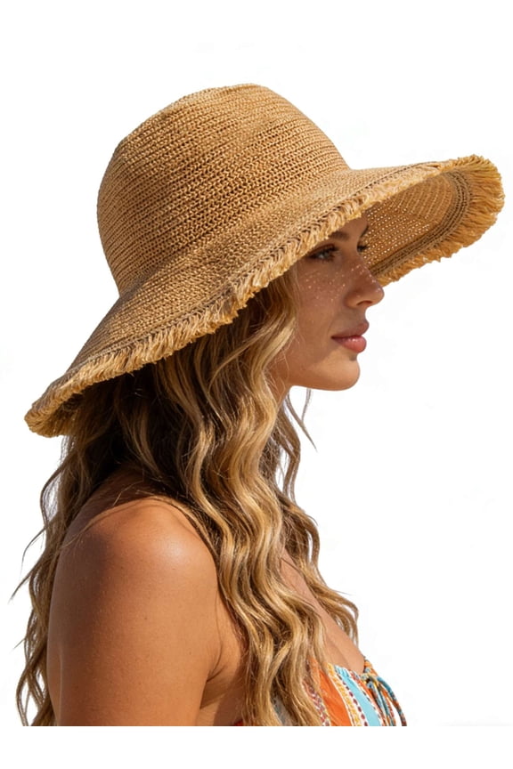 Straw Sun Hat for Women Wide Brim Beach Hat Packable UV Protection Lightweight Fringed Bucket Hats for Summer Travel Vacation - Khaki