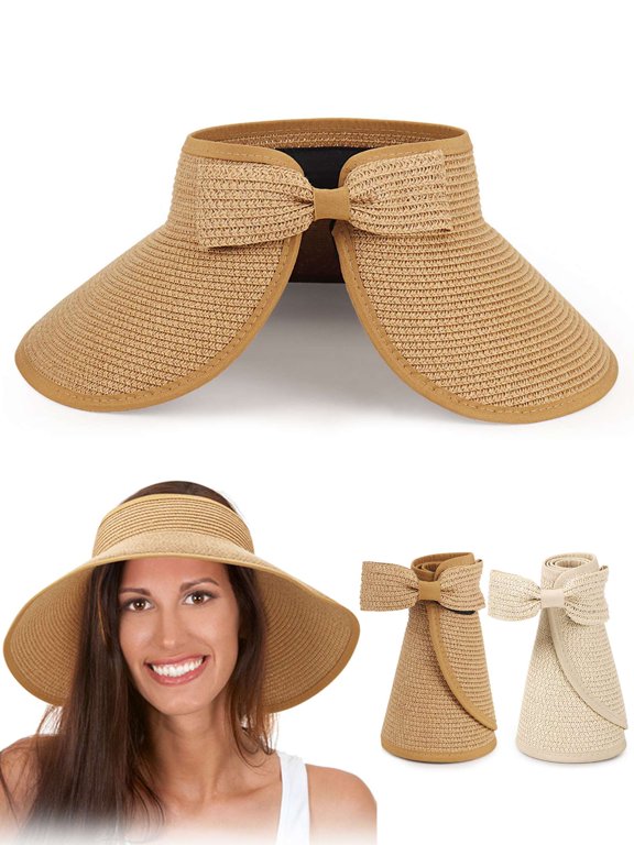 Straw Sun Visor Hat for Women UV Protection Wide Brim Beach Sun Hats Floppy Packable Foldable Roll Up Sun Visors Ponytail Hats for Summer Travel "Khaki"