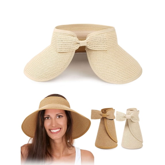 Gustave Straw Sun Visor Hat for Women UV Protection Wide Brim Beach Sun Hats Floppy Packable Foldable Roll Up Sun Visors Ponytail Hats for Summer Travel "Beige"
