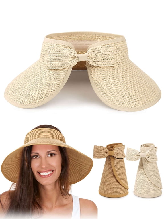 Straw Sun Visor Hat for Women UV Protection Wide Brim Beach Sun Hats Floppy Packable Foldable Roll Up Sun Visors Ponytail Hats for Summer Travel "Beige"
