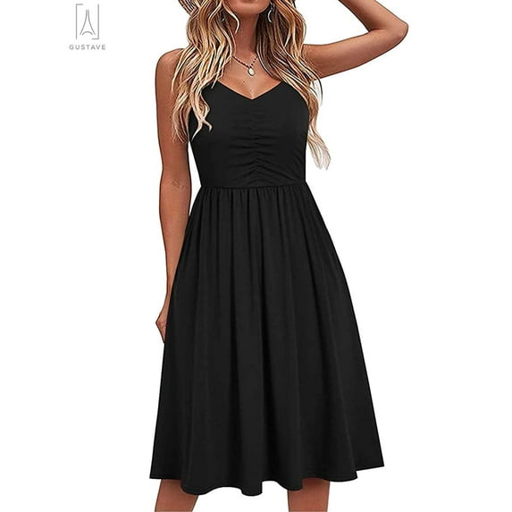 Gustave Summer Sleeveless Midi Dresses for Women Casual V Neck Sundress Spaghetti Strap Pleated Beach Dress A Line Swing Cami Dresses "L, Black"