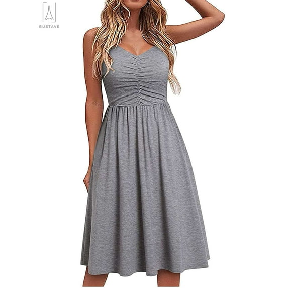 Gustave Summer Sleeveless Midi Dresses for Women Casual V Neck Sundress Spaghetti Strap Pleated Beach Dress A Line Swing Cami Dresses "M, Gray"