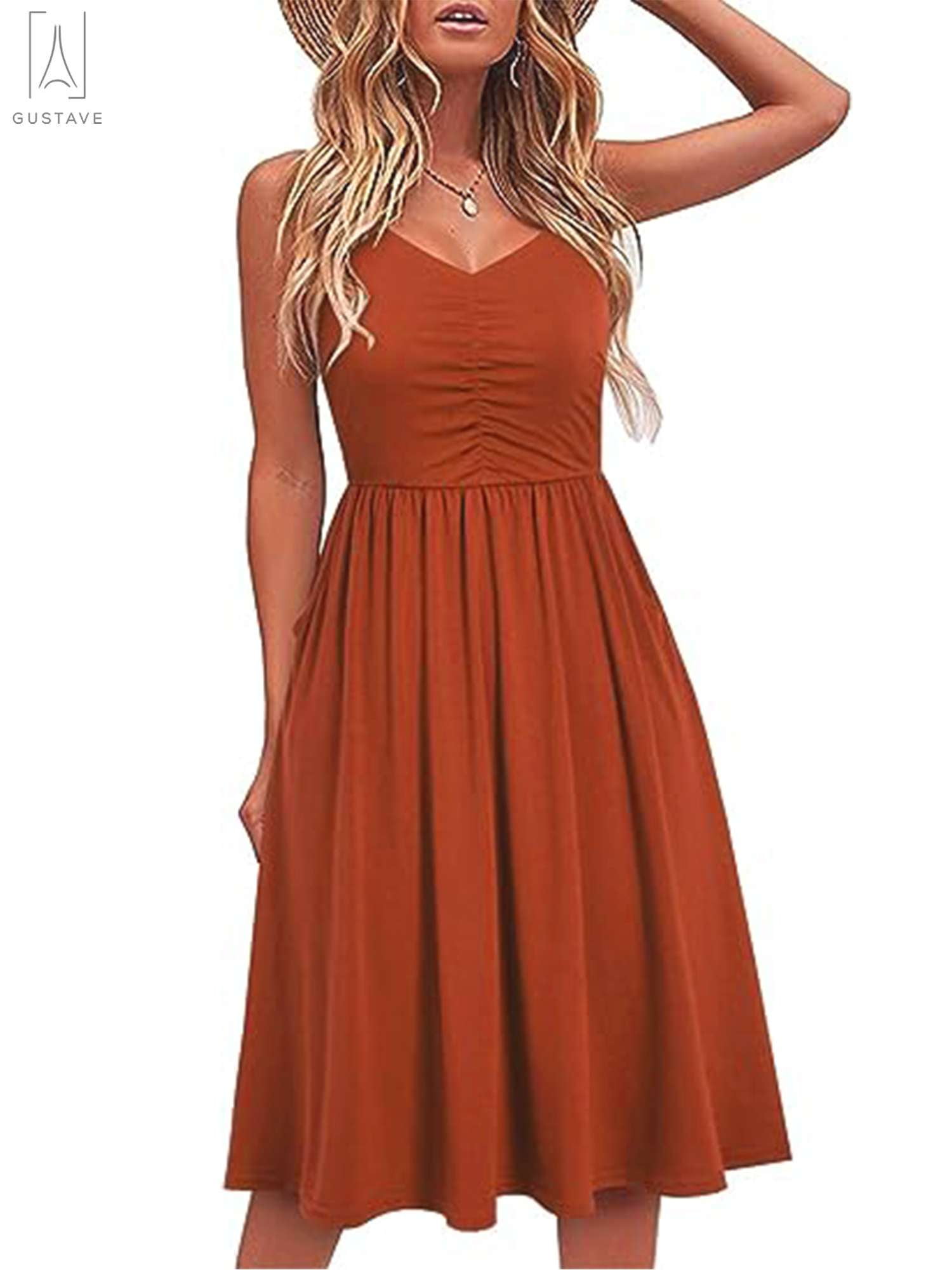 Ellames Women's Pleated Swing Midi Dress - Spaghetti Strap With Belt, Blush Pink, X-Large | Summer Casual Dress - View #2