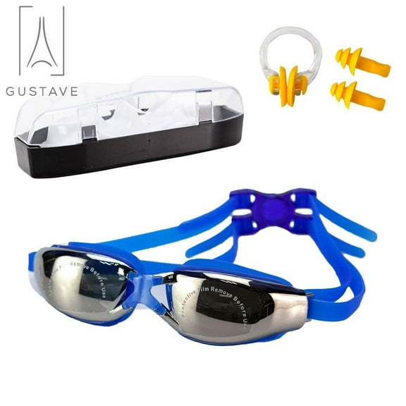 Gustave Swim Goggles, Swimming Goggles No Leaking Anti Fog UV Protection with Storage Case & Ear Plugs for Adult Men Women Youth Kids, Blue
