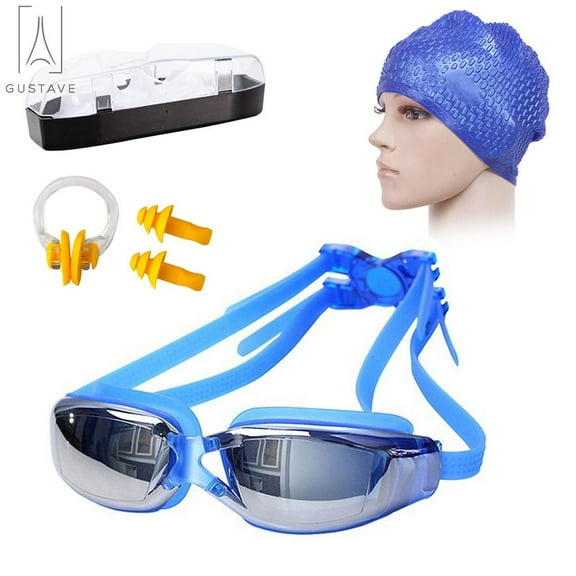 Gustave Swimming Goggles and Cap, Silicone Swimming Bubble Cap Anti-slip + Anti-fog Swim Goggle Swimming Glasses Set for Adults Men Women Youth, Blue