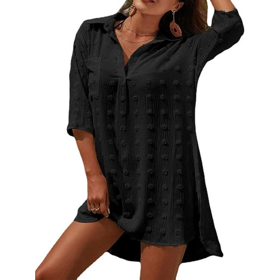 Gustave Swimsuit Cover Up for Women Swiss Dot V Neck Beach Dress Bikini Coverups Summer 3/4 Sleeve Bathing Suit Chiffon Shirts Beachwear Loose Fit - Black, XL