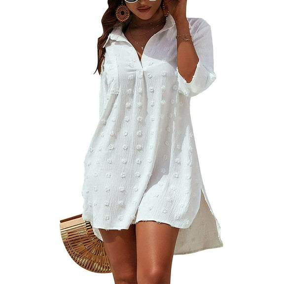Gustave Swimsuit Cover Up for Women Swiss Dot V Neck Beach Dress Bikini Coverups Summer 3/4 Sleeve Bathing Suit Chiffon Shirts Beachwear Loose Fit - White, M
