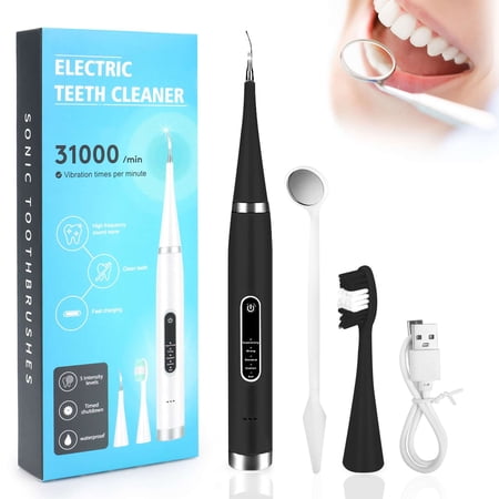 Gustave Teeth Cleaning Kit Plaque Remover for Adults, Portable Electric Toothbrush Dental Calculus Remover Waterproof Tooth Tartar Stain Cleaner Tool with Oral Mirror, 5 Modes, USB Charger "Black"