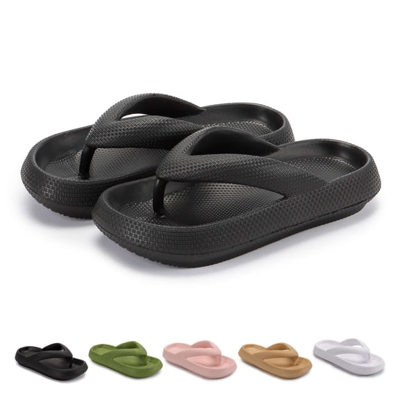 Gustave Thick Sole Flip Flops for Women Men Non-Slip Clouds Slippers Shower Bathroom Beach Soft Comfort Sandals Slides, Black, Women 7-8 / Men 5-6