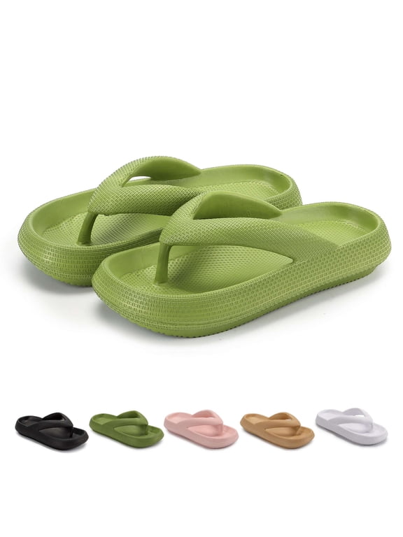 Thick Sole Flip Flops for Women Men Non-Slip Clouds Slippers Shower Bathroom Beach Soft Comfort Sandals Slides, Green, Women 5-6 / Men 4-4.5