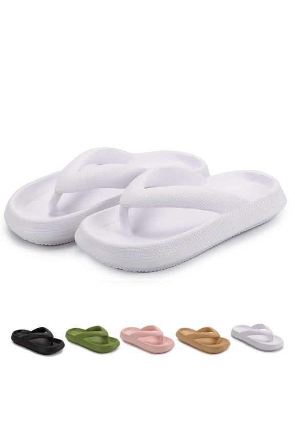Thick Sole Flip Flops for Women Men Non-Slip Clouds Slippers Shower Bathroom Beach Soft Comfort Sandals Slides, White, Women 5-6 / Men 4-4.5