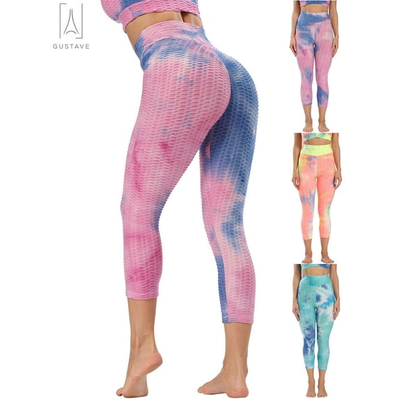 Gustave Tie Dye High Waisted Yoga Pants for Women Tummy Control Butt Lifting Workout Leggings Stretch Running Athletic Tights Capris, M