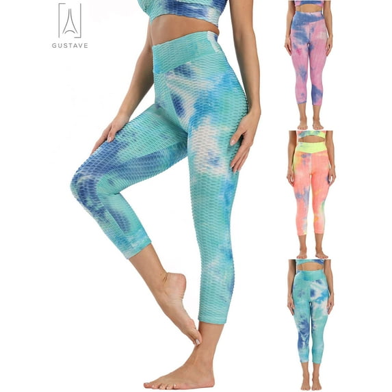 Gustave Tie Dye High Waisted Yoga Pants for Women Tummy Control Butt Lifting Workout Leggings Stretch Running Athletic Tights Capris, S