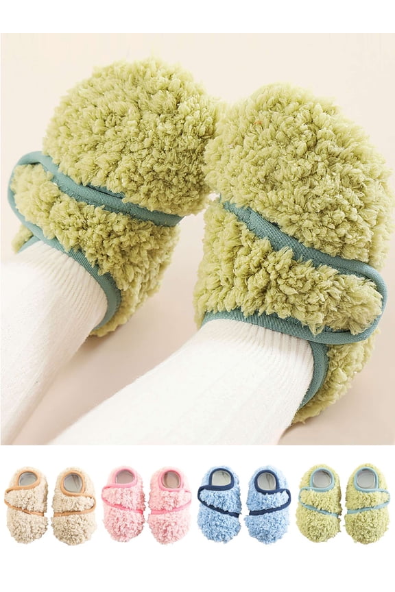 Toddler Slippers for Boys Girls Non-Slip Fleece Lined House Shoes Unisex Kids Winter Warm Fuzzy Slip on Socks Slippers Walking Shoes for Indoor Outdoor - Green, L