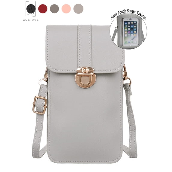 Gustave Touch Screen Cell Phone Purse, PU Leather Mini Crossbody Bag, Portable Phone Pouch Shoulder Bag For Iphone 11 For Samsung "Gray"